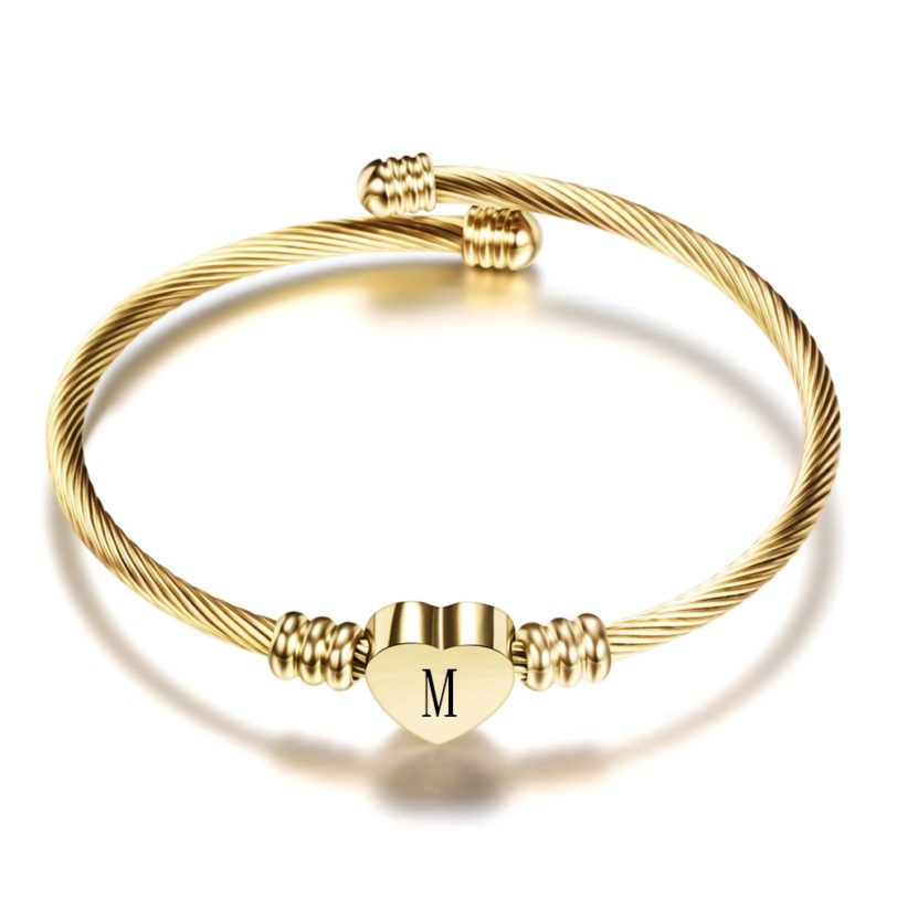 Fashion Girls Gold Color Stainless Steel Heart Bracelet Bangle With Letter Fashion Initial Alphabet Charms Bracelets 3