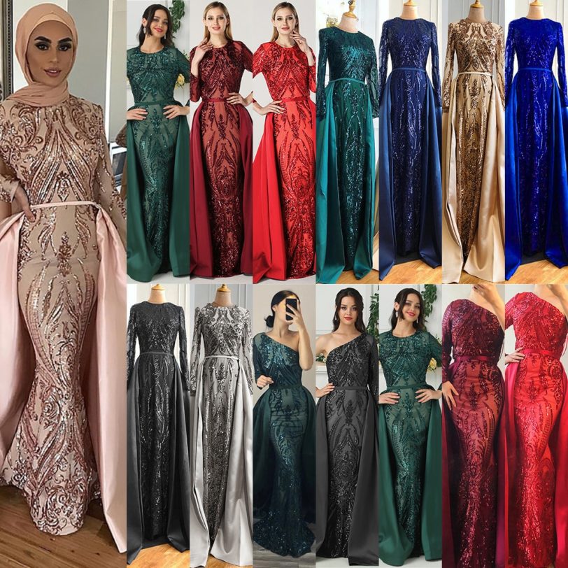 Green Luxury Muslim Long Sleeves Mermaid with Detachable Train Evening Dresses Gowns 2021 Serene Hill LA6613 - Image 2