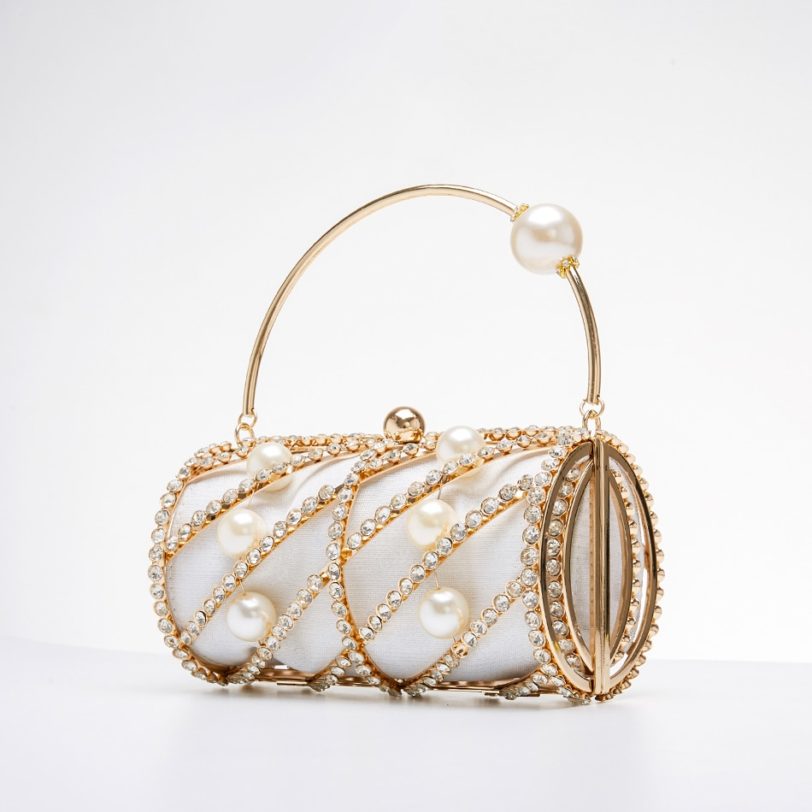 Hollow Out Diamonds Evening Clutch Bag Women 2020 New Chic Small Barrel Shaped Metal Cage Handbag Round Rhinestone Purse Wedding - Image 2