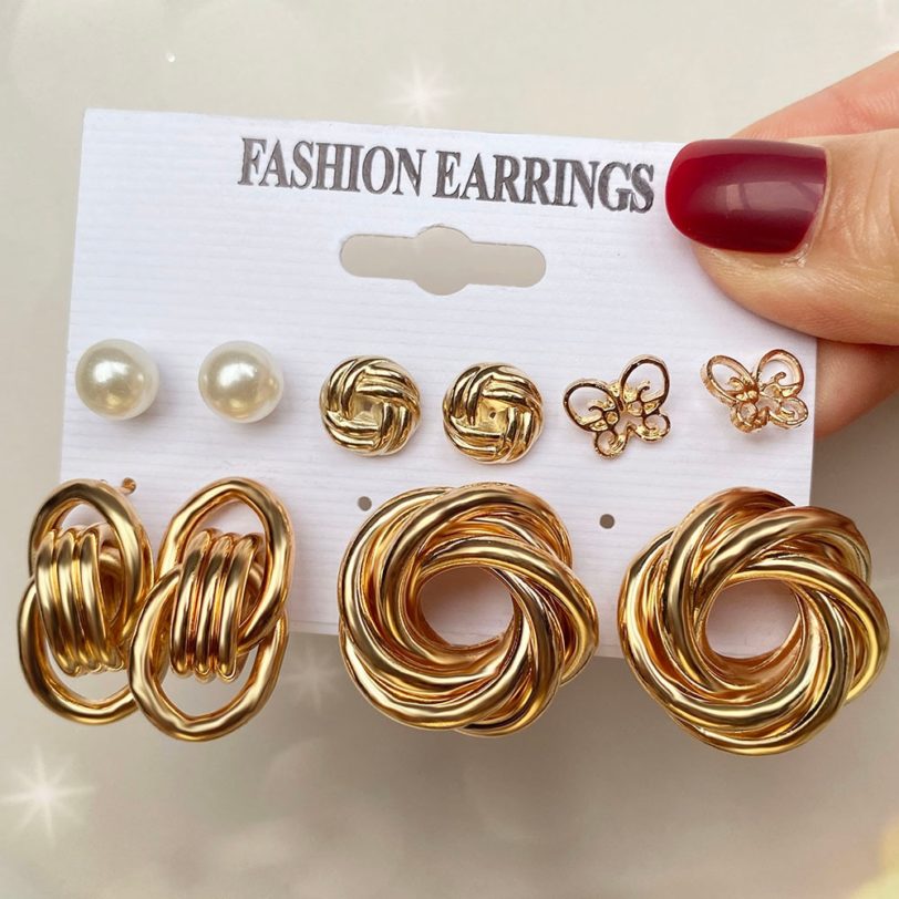 KISS WIFE Vintage Geometric Gold Metal Earrings Set For Women Punk Pearl Dangle Drop Earrings 2021 Trend Set of Earrings Jewelry - Image 2