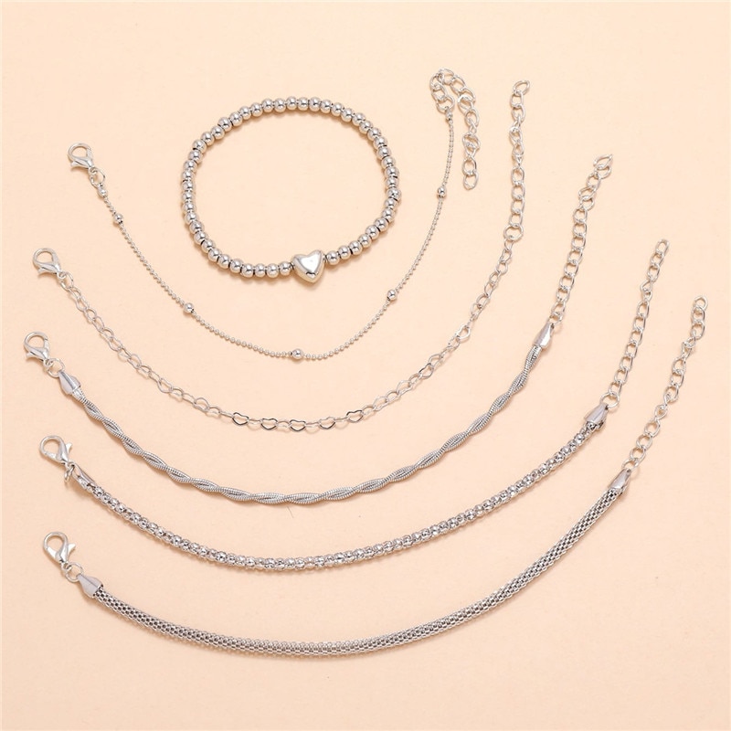 LETAPI 6 pcs set Bohemian Silver Color Bracelets Bangles Set Vintage Beads Charm Heart Bracelet For