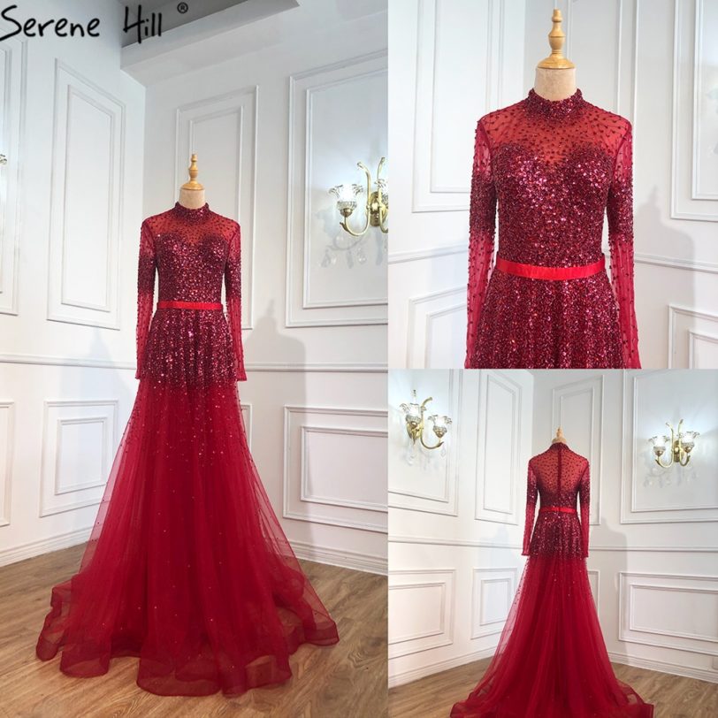 Latest Design Pink High Collar Prom Dresses 2020 Long Sleeves Sequined Luxury Sexy Gowns Serene Hill BLA70066 - Image 6