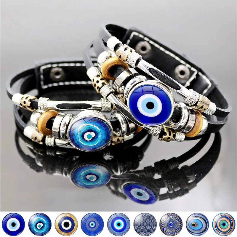Lucky Turkish Evil Eye Bracelets for Women Jewelry Turkey Evil Eyes Snap Button Handmade Multilayer Weave