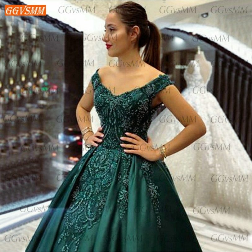 Luxury Dark Green Evening Gowns Long 2021 Lace Appliqued Beaded Satin Women Party Formal Dress Gala