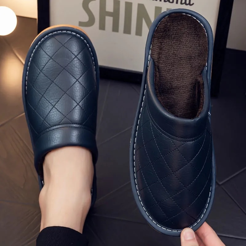 Luxury Genuine Leather Handmade Men House Slippers Winter Slip On Soft Comfort Black Brown Bedroom Indoor