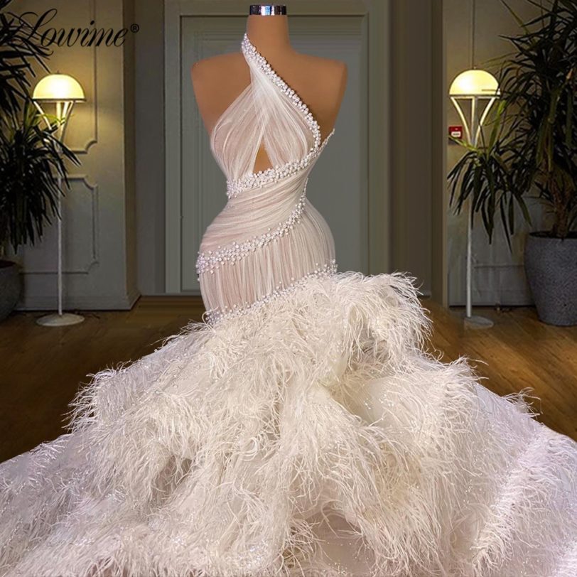 Luxury Mermaid Feathers Long Evening Dresses 2021 Pearls Sleeveless Formal Dress Dubai Middle East Women Party Gowns Plus Size - Image 5