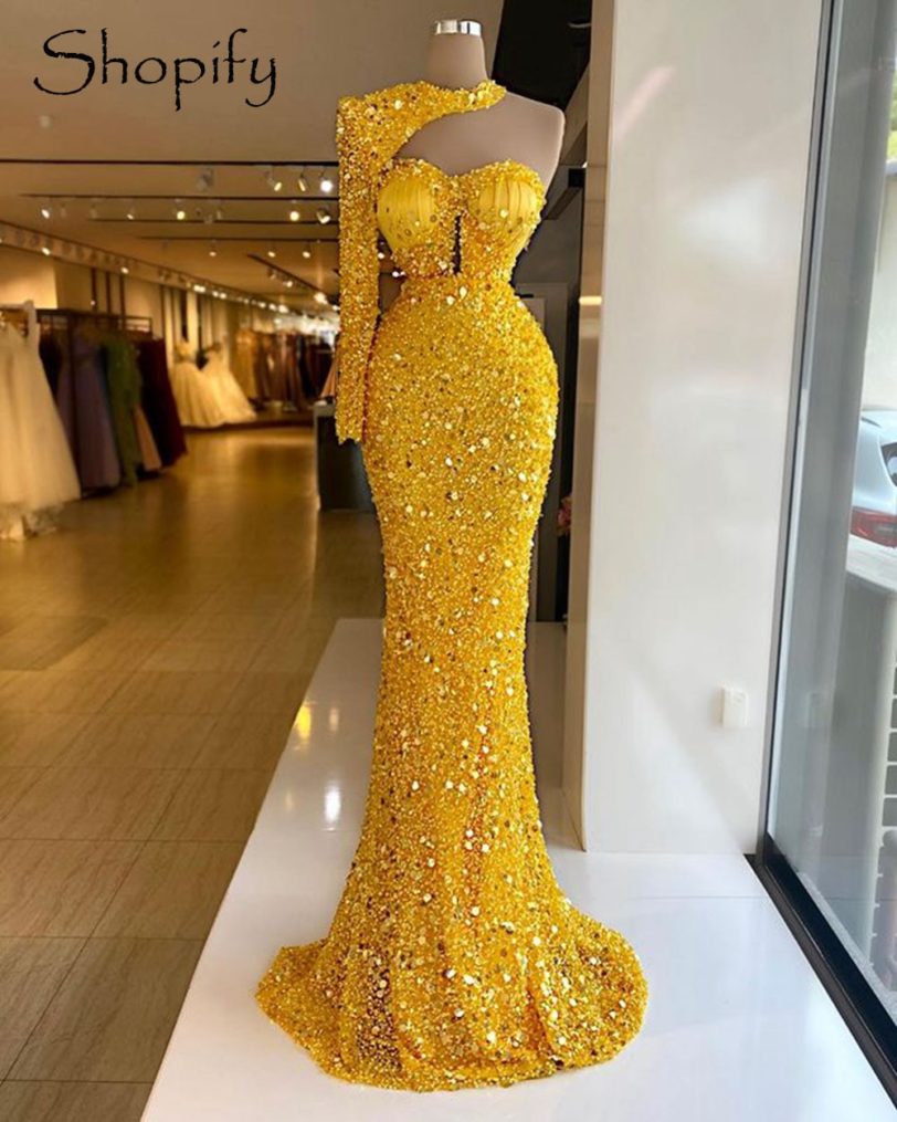 Luxury Sexy Mermaid Single Long Sleeve Beads Sequin Gold African Women Formal Long Evening Dresses 2021 - Image 2