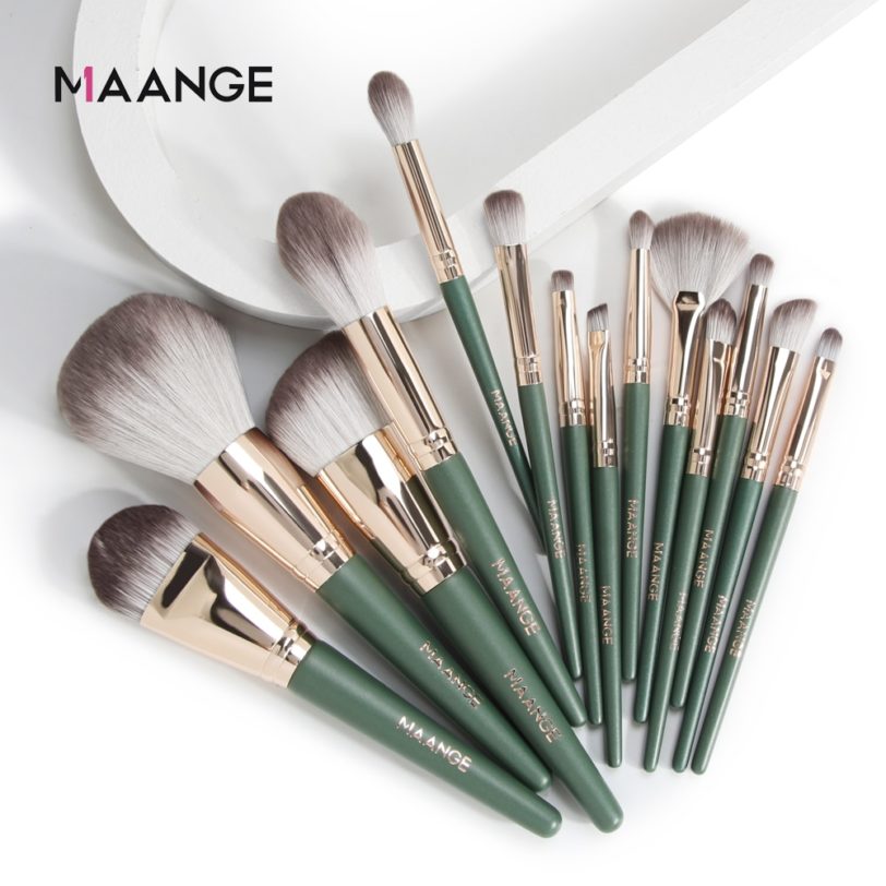 MAANGE 14pcs Makeup Brushes Set Green Large Loose Powder High Gloss Eyeshadow Foundation Contour Synthetic Hair Cosmetic Tools