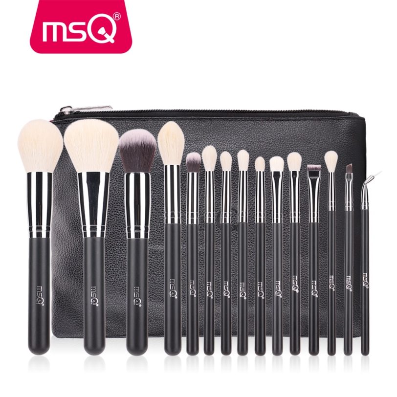 MSQ 15pcs Pro Makeup Brushes Set Powder Foundation Blusher Eyeshadow Blending Make Up Brush Goat Hair PU Leather Case