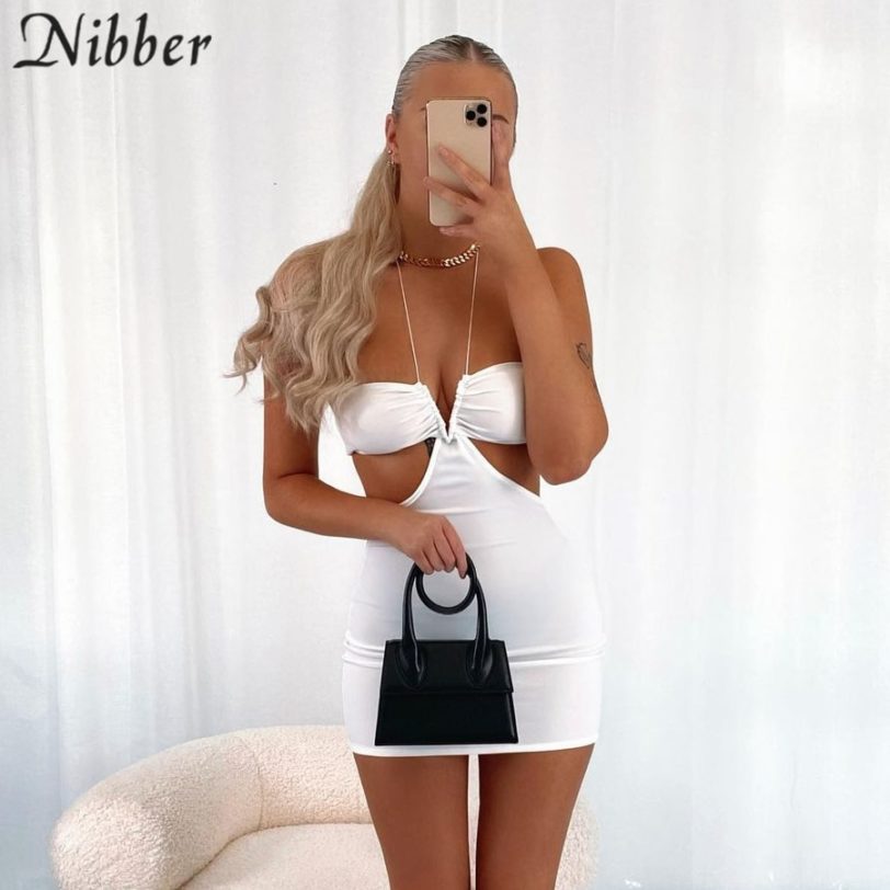 Nibber Summer Solid Color White Halter Neck Lace U Wrap Dress For Women Clothing Low cut