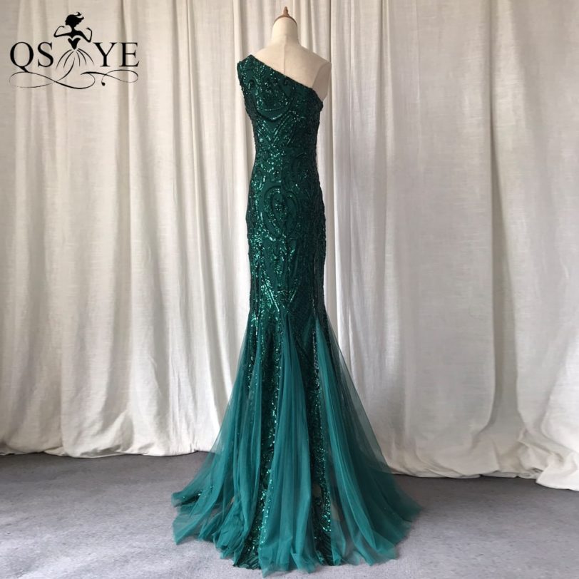 One Shoulder Emerald Evening Dresses Green Sequined Long Mermaid Prom Gown Glitter Elegant Party Dress Pattern Lace Formal Dress - Image 4