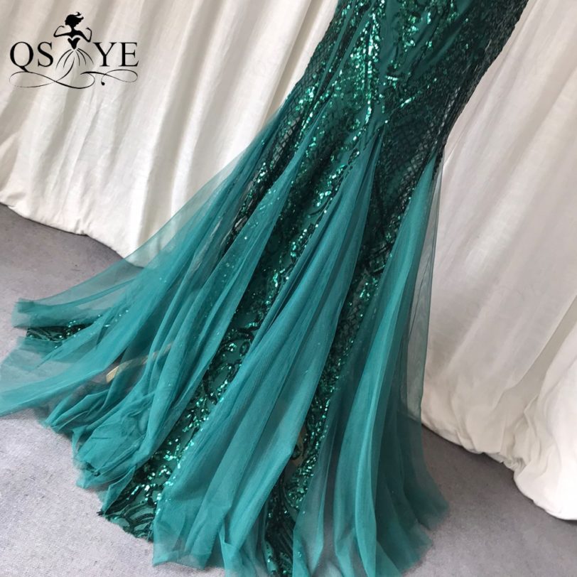 One Shoulder Emerald Evening Dresses Green Sequined Long Mermaid Prom Gown Glitter Elegant Party Dress Pattern Lace Formal Dress - Image 5