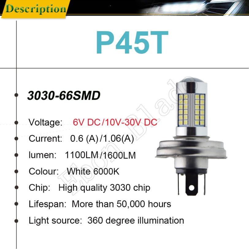 P45T Motorcycle LED Headlight Bulbs 3030 66SMD Hi/Lo Beam Head Light For Motorbike Scooter Headlamp White 6000K 6V 12V 24V 30V - Image 2