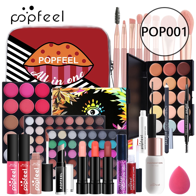 POPFEEL Combo Set Eye Shadow Makeup Concealer Lipstick Lip Ribbon 10 Brush Puff Eyeliner Liquid Cosmetic