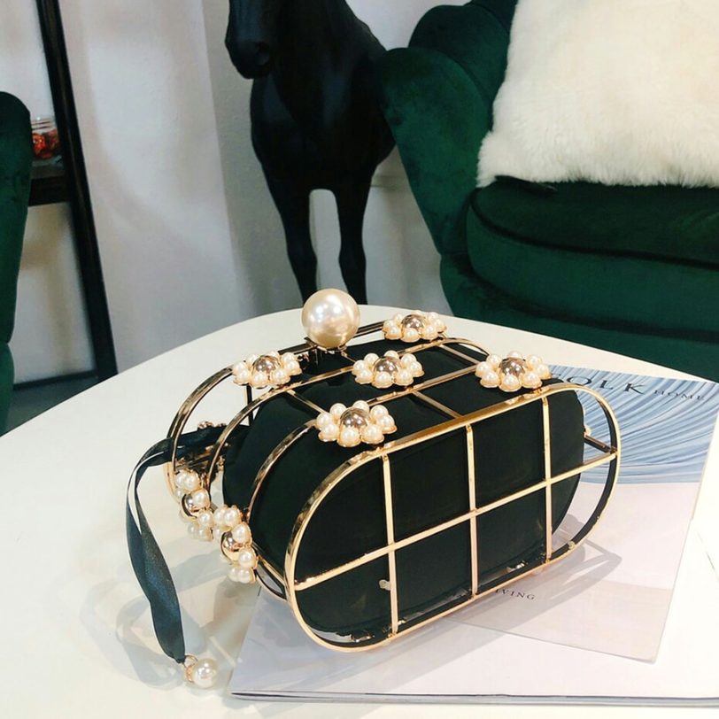 Pearl Basket Evening Clutch Bag Women Famous Brand Hollow Out Flowers Beaded Metallic Clutch Purse Korean Bucket Handbag Party - Image 3