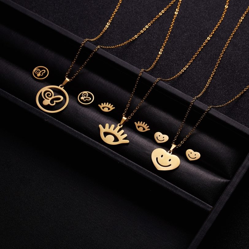 RINHOO Flower Gold Color Stainless Steel Sets For Women Smile Face Butterfly Fish Bone Necklace Earring Set Wedding Jewelry - Image 3