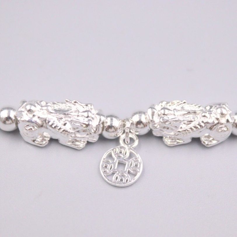 Real 999 Silver Bracelet For Women Girl Female Double Pixiu Dragon Son Coin Charms Women's Bracelet Link 7.5''L - Image 2