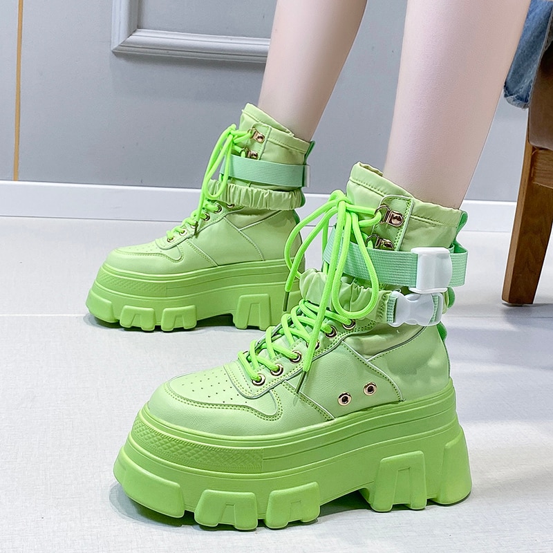 Rimocy Green Punk Chunky Platform Motorcycle Boots Women Autumn Winter Gothic Shoes Woman Thick Bottom Lace