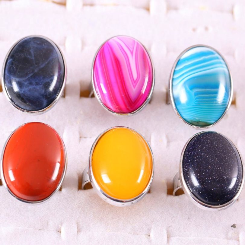 Ring Women Men Natural Stone Finger Ring Oval Beads Adjustable Ring Rhodonite Tiger eye Jades Crystal Onyx Opal Hot Sale