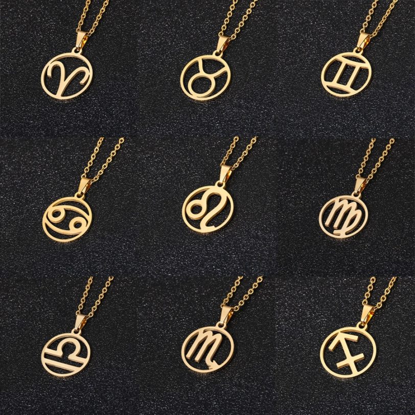 Rinhoo Stainless Steel Star Zodiac Sign Necklace 12 Constellation Pendant Necklace Women Gold Chain Necklace Men Jewelry Gift