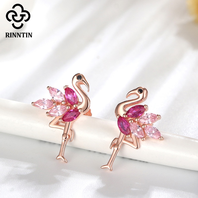 Rinntin 925 Sterling Silver Flamingo Earrings For Women Rose Gold Plated Cute Bird Earring Stud AAAA 1