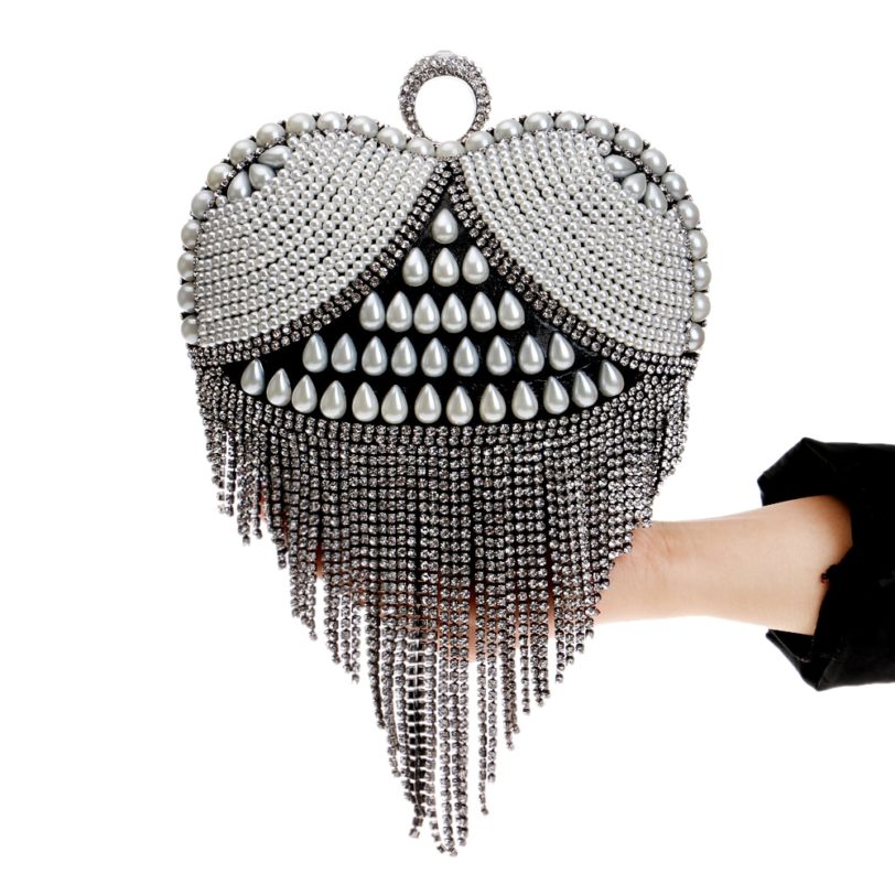 SEKUSA Heart tassel rhinestones women evening bags imitation pearl lady's handle evening bag finger ring diamonds small clutches - Image 5