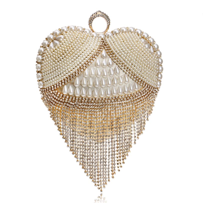 SEKUSA Heart tassel rhinestones women evening bags imitation pearl lady's handle evening bag finger ring diamonds small clutches - Image 6