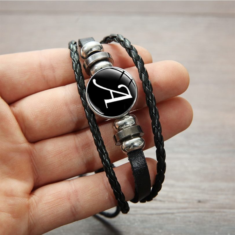 SONGDA 26 Letter A-Z Glass Snap Metal Bead Bracelet ID Name Friendship Black Braided Leather Bracelet Men Women Kids Family Gift - Image 4