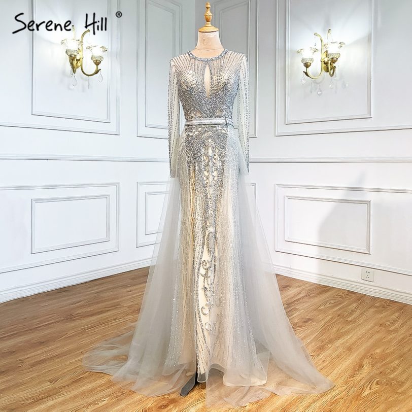 Serene Hill Grey Luxury Full Beaded Mermaid Evening Gown 2021 O-Neck Long Sleeves For Women Formal Party Dress CLA70116 - Image 4