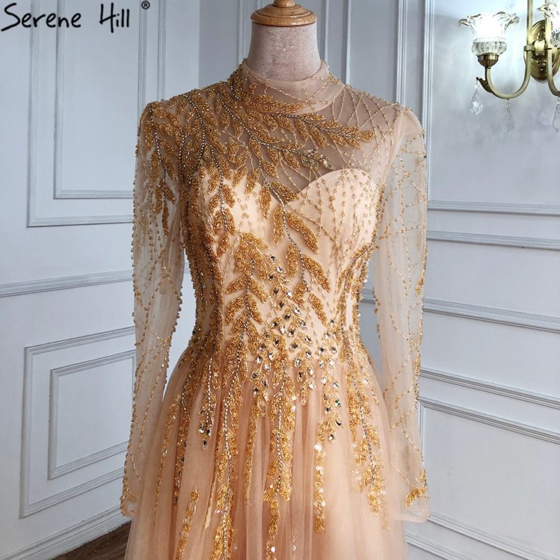 Serene Hill Muslim Gold Luxury Ball Gowns Evening Dress 2021 Long Sleeves Beading Women For Women Party LA71013 - Image 5