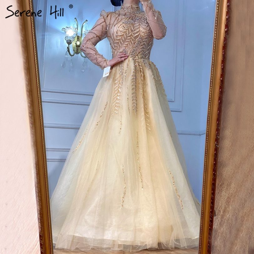 Serene Hill Muslim Gold Luxury Ball Gowns Evening Dress 2021 Long Sleeves Beading Women For Women Party LA71013 - Image 2