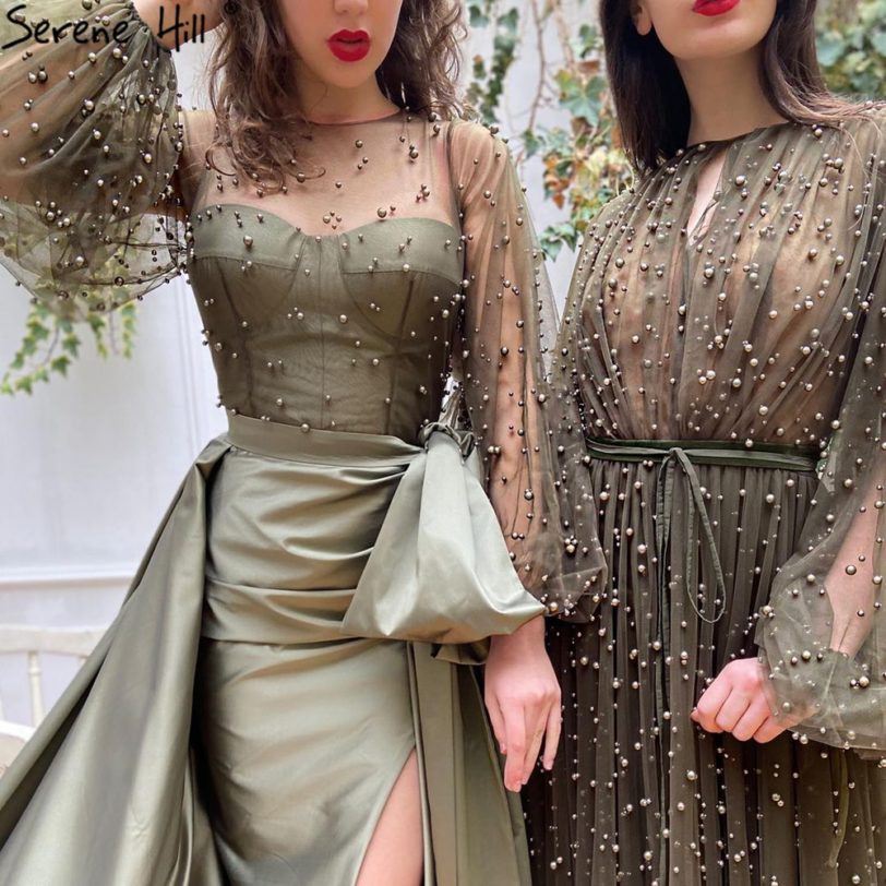 Serene Hill Olive Green Sexy Split Evening Dress 2021 Luxury Pearls Long Lantern Sleeves Women Formal Party Wear Gown CLA70885 - Image 2