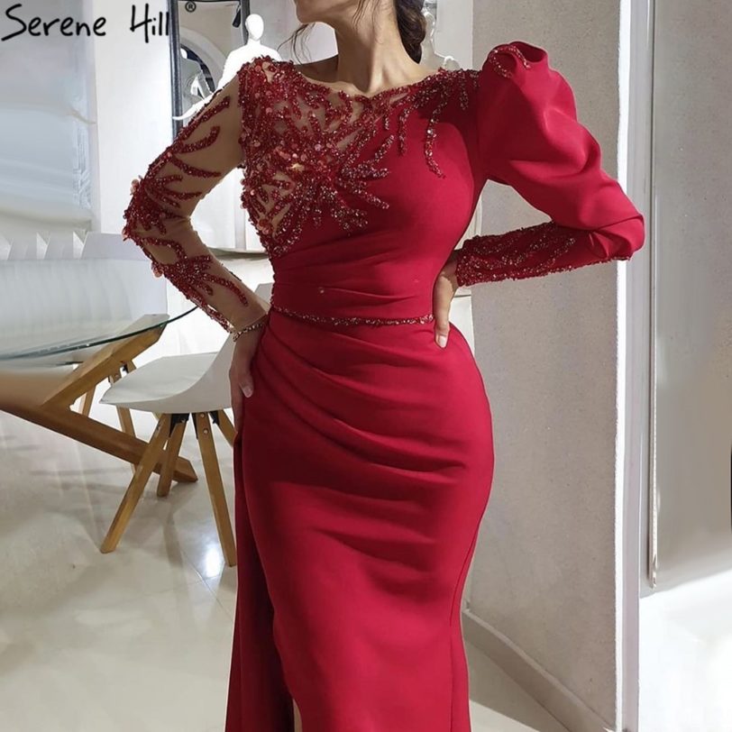 Serene Hill Red Mermaid Split Evening Gown For Women 2021 Satin Beadings Elegant Sexy Formal Party Dress CLA70992 - Image 2