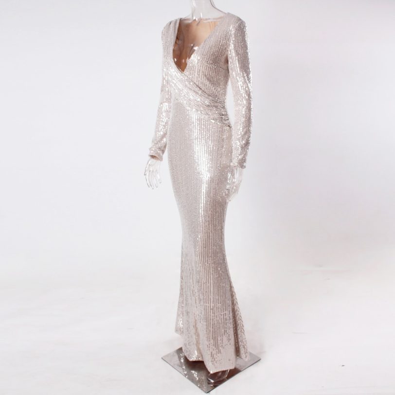 Sexy Silver Sequin Evening Gown Long Sleeves Ruched V Neck Mermaid Wedding Dress Luxury Shine Party Formal Prom Dress Maxi 2021 - Image 5