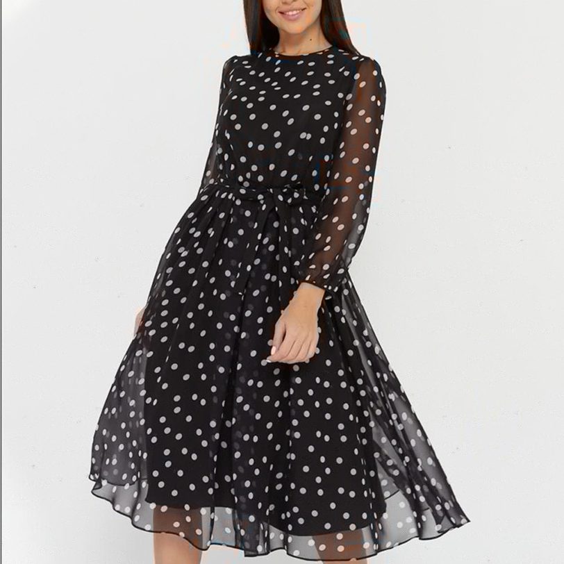 Shyloli Elegant Dot Print Long Sleeve Women Dresses 2020 New Boho Casual O-neck Chiffon A-line Dress Vintage Party Vestidos - Image 5