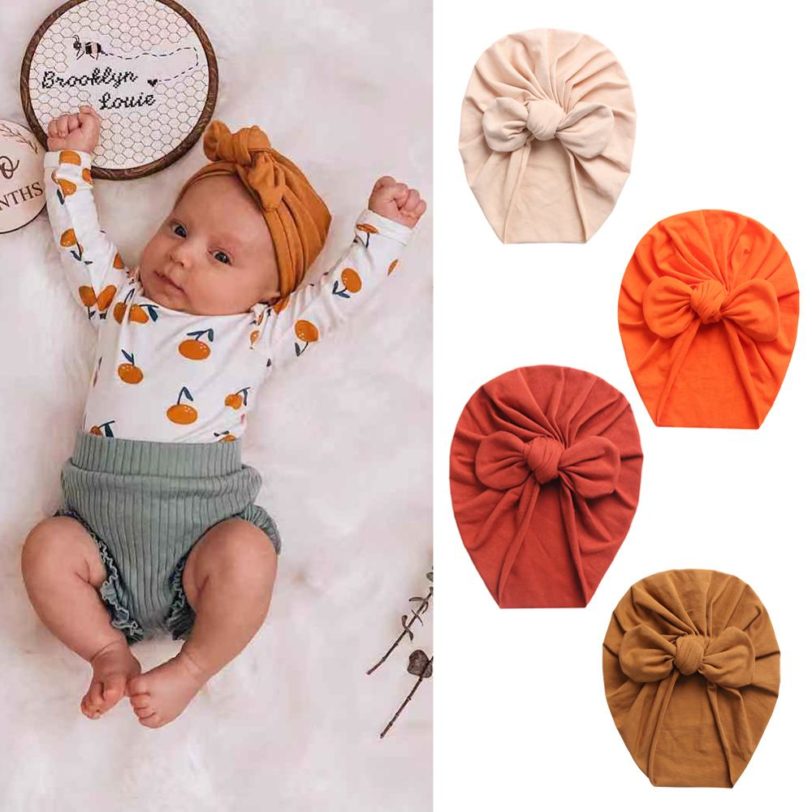 Solid Baby Cotton Beanies Cute Bear Ear Bowknot Turban Hats Sweet Soft 0 4T Elastic Caps