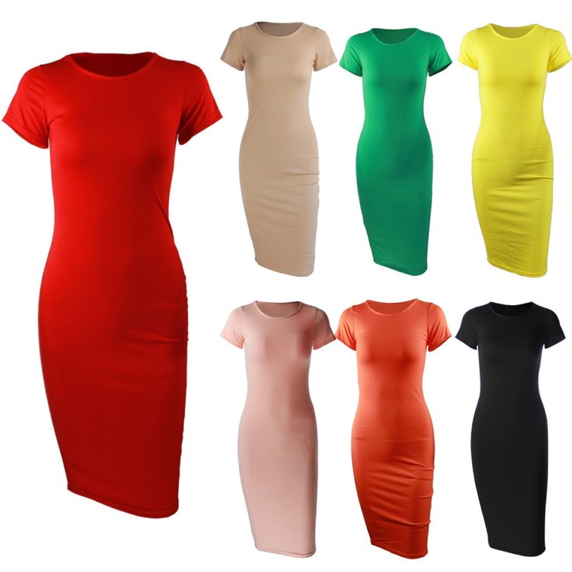 Solid Color Fashion O-neck Short Sleeve Women Casual Slim Long Pencil Dress Solid color design simple and elegant - Image 2