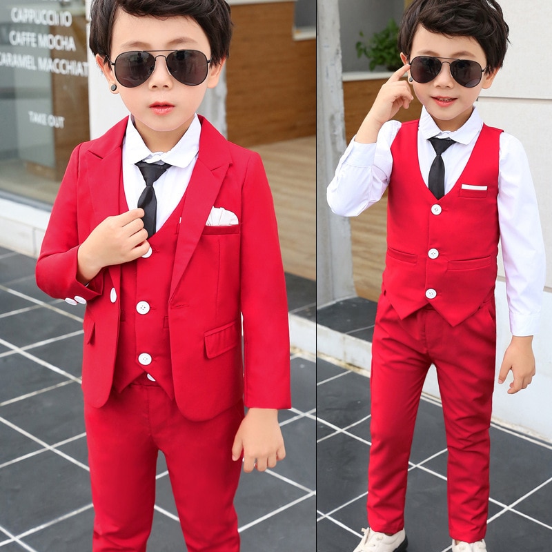 Spring Autumn Formal Boys Suit Set Children Party Host Wedding Costume Little Kids Blazer Vest Pants