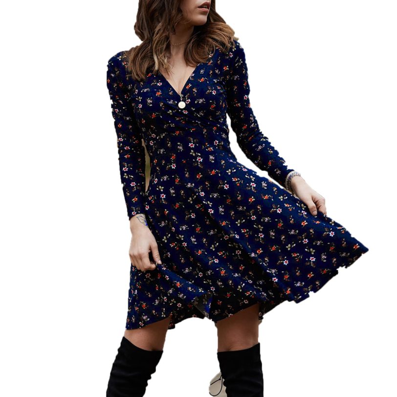 Spring Summer Long Sleeve V Neck Flowers Print Boho Dress Women Elegant Vintage Floral Printed Casual Green A-line Swing Dress - Image 5