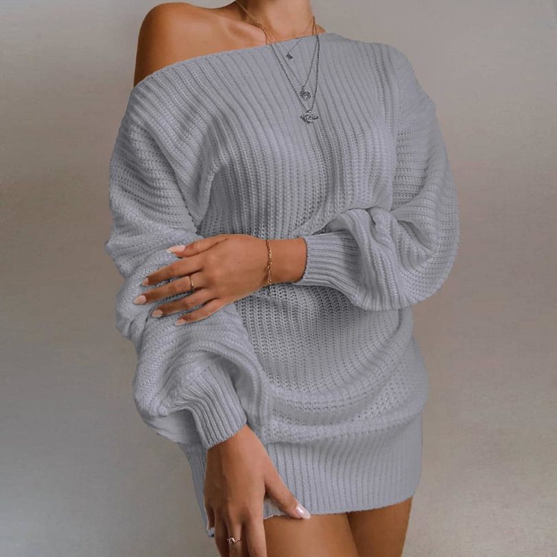 The hottest ladies casual off-shoulder lantern sleeve knitted sweater dress - Image 2