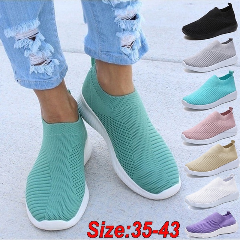 Women Flats Shoes Plus Size 43 Breathable Mesh Platform Sneakers Women Slip on Soft Ladies Casual