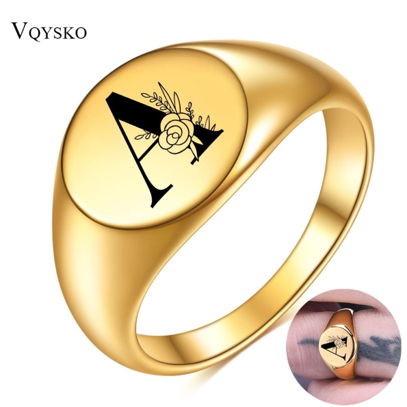 Women Men Flower A-Z Letter Gold Color Finger Ring Initials Name Alphabet Female Party Chunky Rings Stainless steel Jewelry