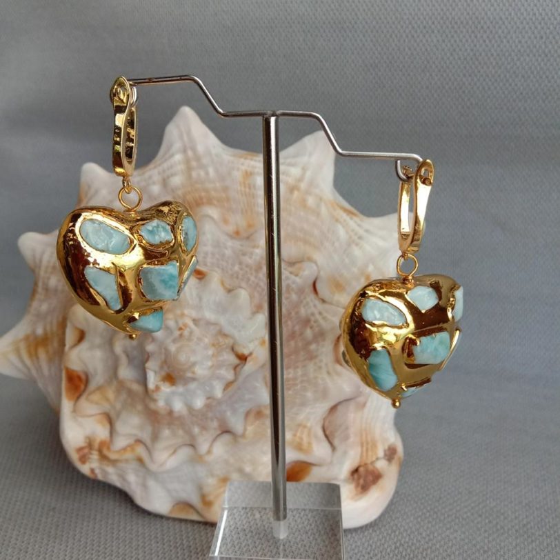 Y·YING Natural Blue Larimar Heart Shaped Yellow Gold color Plated Dangle LeverBack Earrings - Image 2