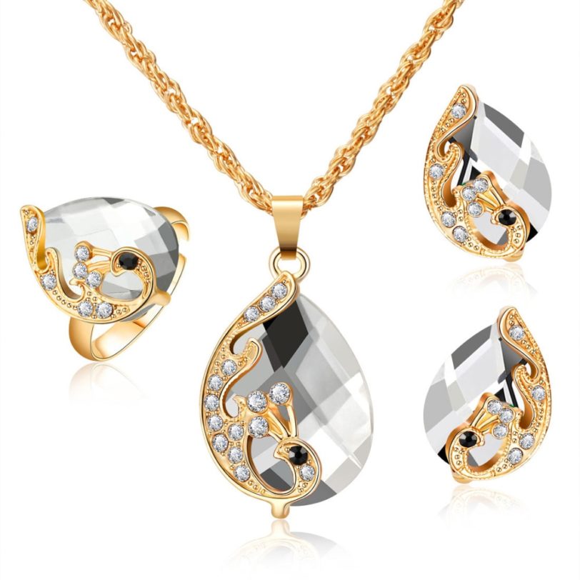 ZOSHI Wedding Jewelry Sets for Women Crystal Gold Chain Peacock Necklace Earrings Set Adjustable Rings 3pcs Jewelry Set - Image 5