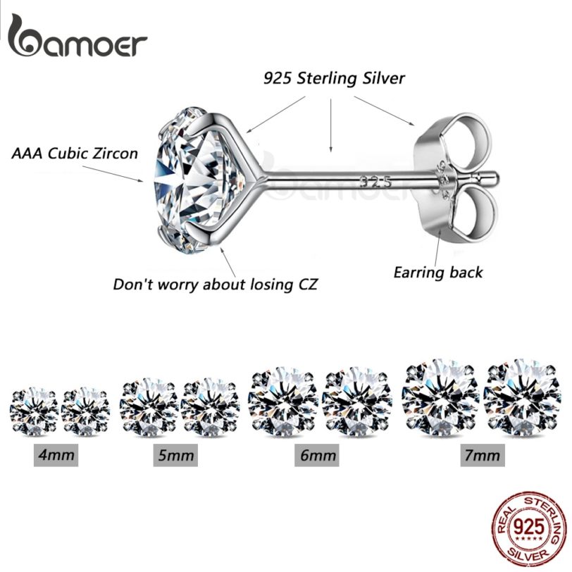 bamoer CZ Stud Earrings 925 Sterling Silver Platinum Plated Round Cubic Zirconia Hypoallergenic Earrings 4mm 5mm 6mm 7mm BSE166 - Image 6