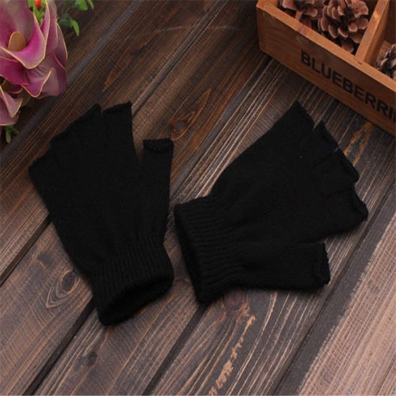 1 Pair Half Finger Fingerless Gloves Men/Women Black Warm Knitted Stretch Elastic Winter Outdoor Equipment Cycling Accessories - Image 2