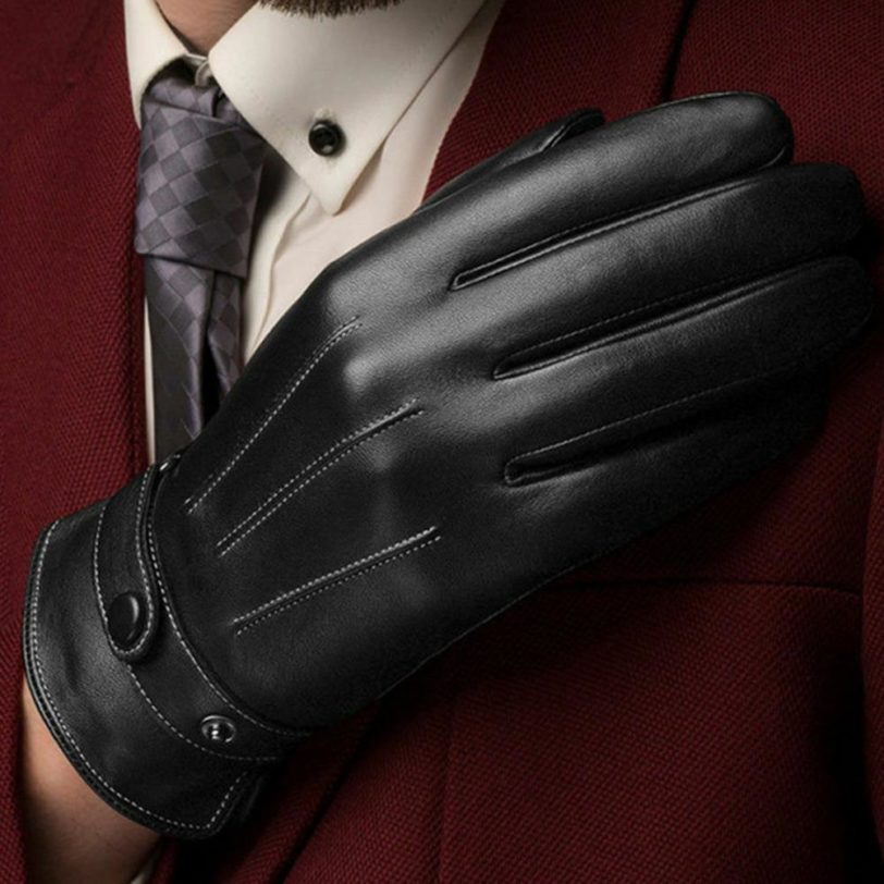 1 Pair Men Winter Soft Leather Cotton Gloves Anti-Skid Cycling Driving Full Finger Touch Screen Warm Gloves Motorcycle Gloves - Image 2