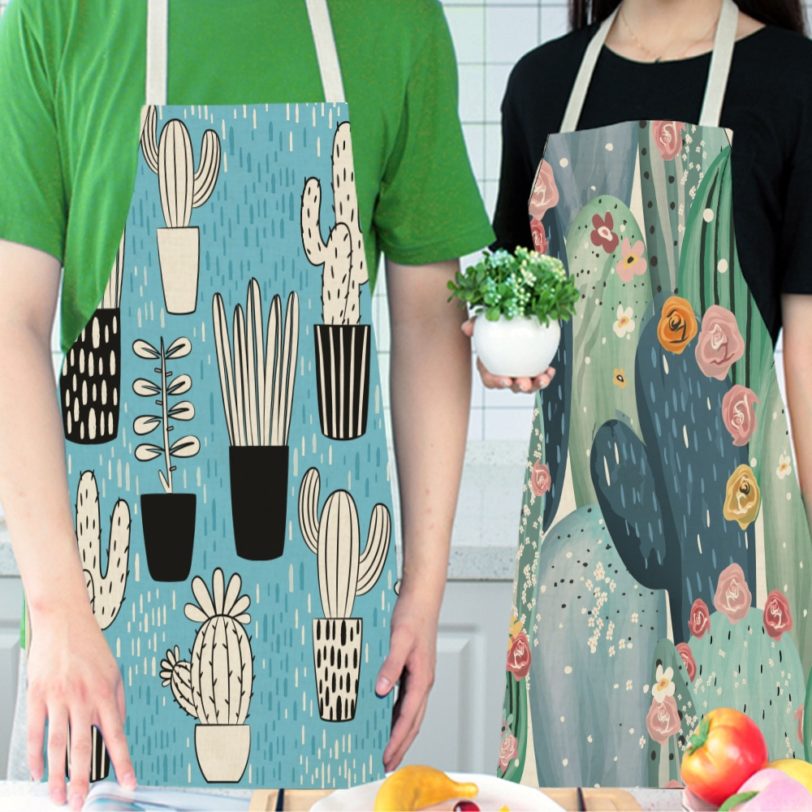 1 Pcs Cactus Pattern Kitchen Apron for Woman Sleeveless Cotton Linen Aprons Home Cooking Baking Bibs Cleaning Tools - Image 5