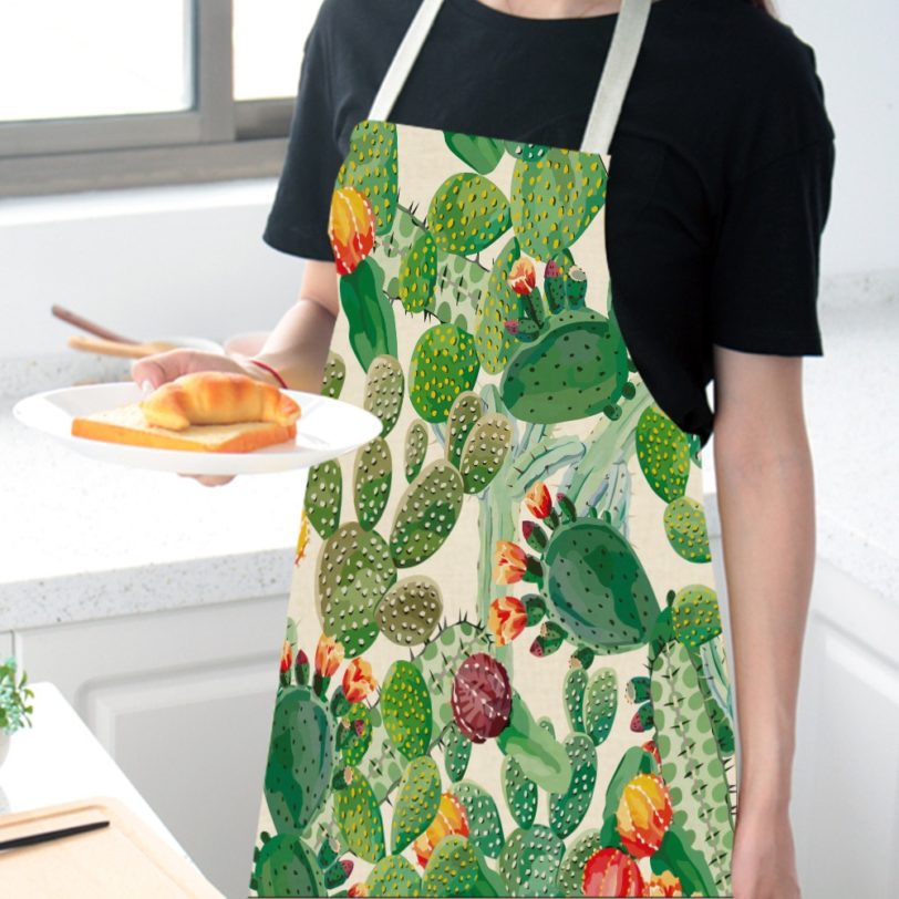 1 Pcs Cactus Pattern Kitchen Apron for Woman Sleeveless Cotton Linen Aprons Home Cooking Baking Bibs Cleaning Tools - Image 6