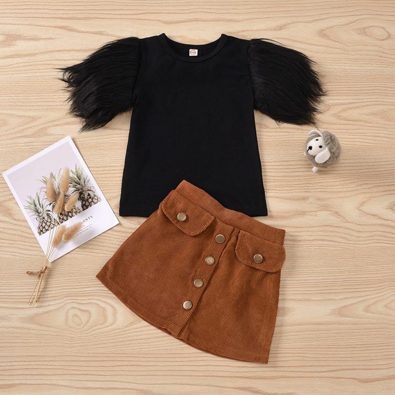 2-8Y Girls Fashion Clothing Sets Children Kids Baby Girls Fur Shorts Sleeve T-shirts Tops Button Skirts Casual Clothes Outfits - Image 6